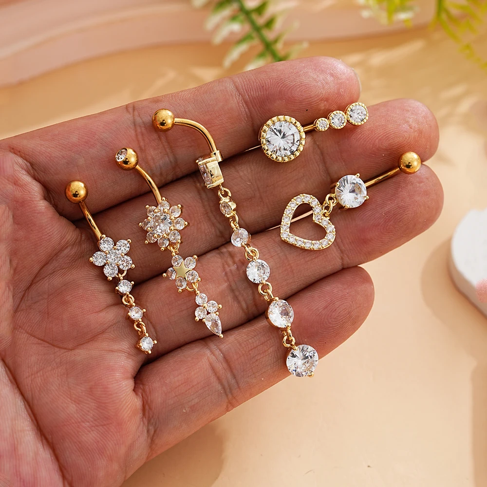 Mixed-Style Belly Piercing Sets 3-10pcs/lot Flower Heart Dangled Navel Ring Pack 14G Stainless Curved Navel Piercings Jewelry
