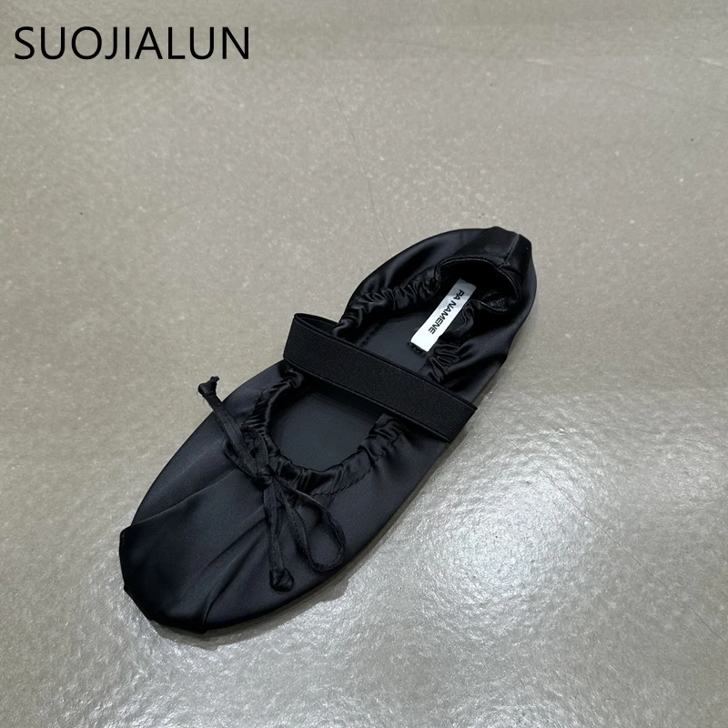 SUOJIALUN 2024 Autumn Women Flat Shoes Ladies Elegant Pleated Ladies Elegant Shallow Slip On Ballerinas Shoes Soft Flat Dress Bo