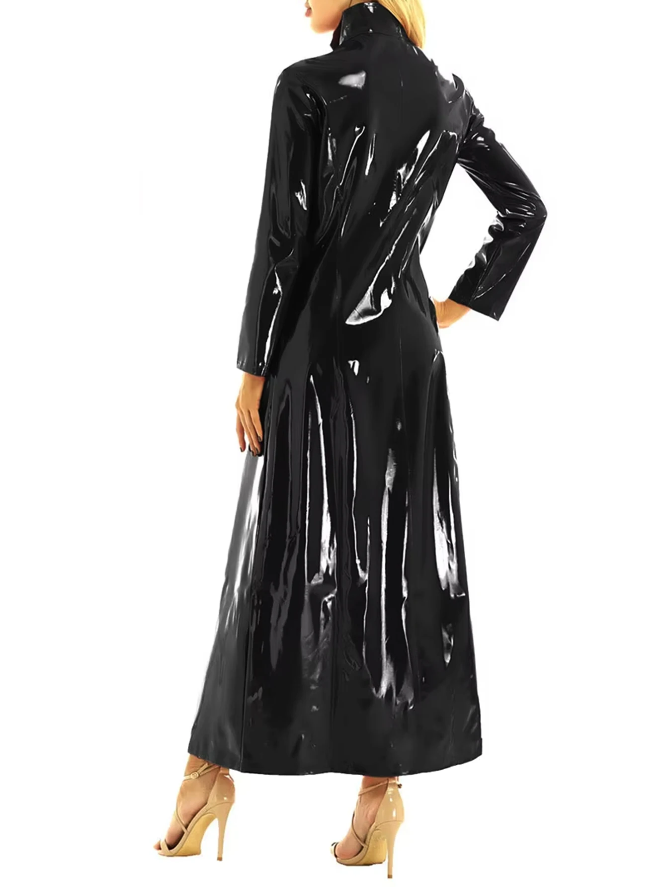 Damen Sexy Glänzender Wet-Look PU-Leder Langer Trenchcoat mit Hohem Kragen und Reißverschluss Vorne Clubwear Party Streetwear Kunstleder-Mantel Neu – Detail 6
