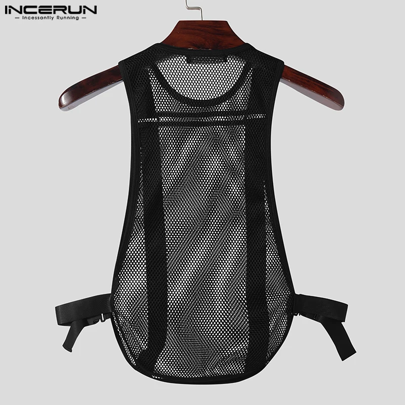 INCERUN Men\'s Tank Tops Mesh Transparent Solid Color O-neck Sleeveless Casual Male Vests Streetwear 2024 Fashion Men Clothing