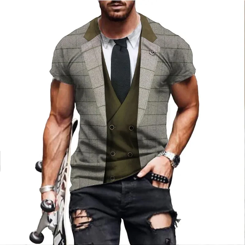 Fashionable and Lnteresting  Western Suit Pictures For Men\'s T-Shirts Trend Digital Printing Casual Round Neck Short Sleeved