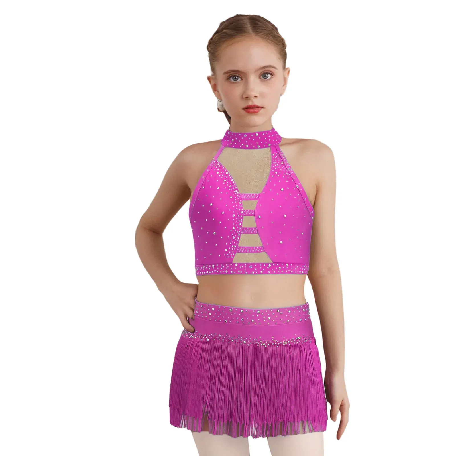 

Fringe Crop Top Tiered Vest with Tassel Briefs Skirt for Stage Show Kids Girls Latin Dance Rhythmic Contemporary Modern Costume