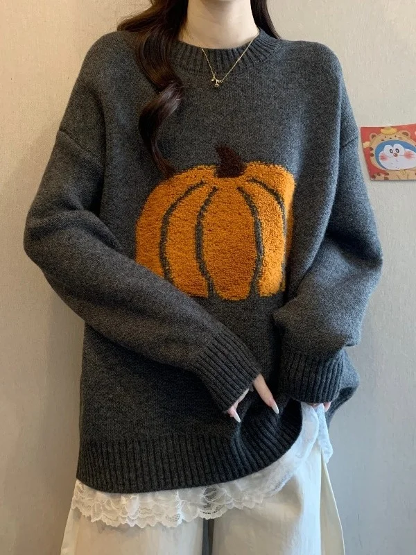 Red Pumpkin Knitted Sweater Women's Loose Fit Shoulder Winter Long Sleeve round Neck Top plus Size Fashion Commute Style