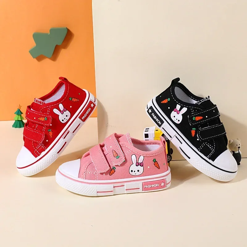 Children New Fashion Canvas Sneakers Kids Adorable Rabbit Cartoon Prints Board Shoes Hook and Loop Flat Sole Non Slip Shoes