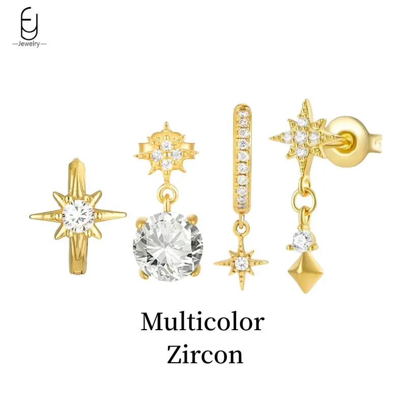 925 Sterling Silver Needle Eight Pointed Star Earrings for Women Exquisite Colorful Zircon Pendant Stud Earrings Fine Jewelry