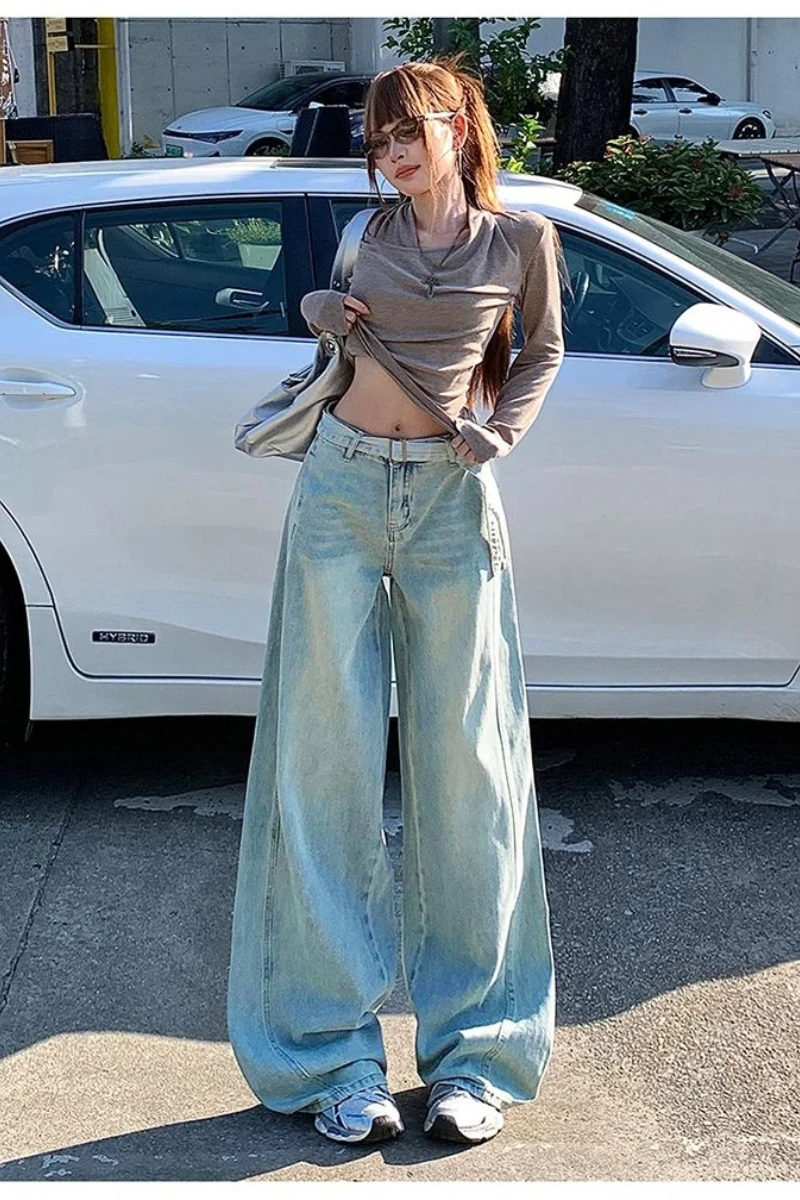 Dżinsy damskie Y2k Jasnoniebieskie Jesienne Casualowe z wysokim stanem Proste nogawki Szerokie spodnie z paskiem Modne