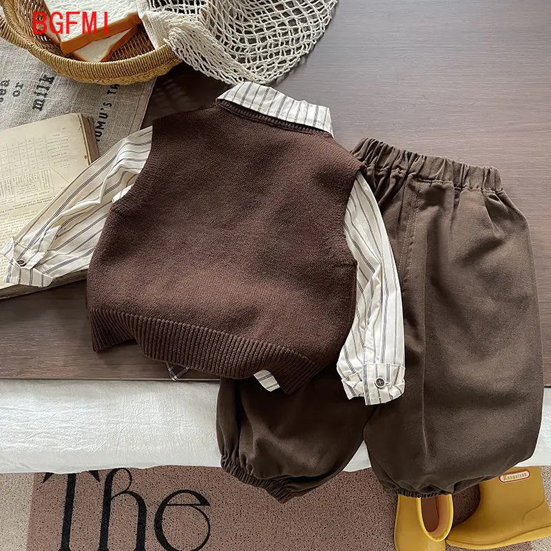 Toddler Boys Fashion Suit Spring Fall Casual Knitted Vest + Cotton Striped Shirt+ Pants +Tie 4pcs Set 1-5Y Kids Clothes Outfits