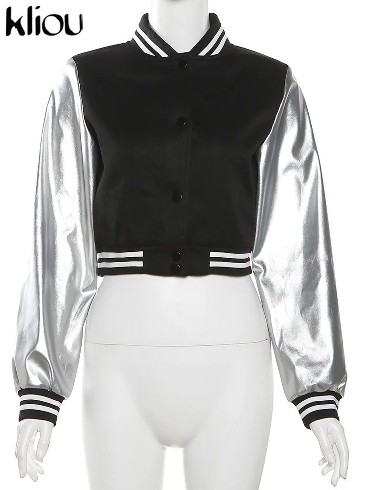 Kliou Letter Shape Patchwork Coats Women Casual Classic Panelled Long Sleeve Single Breasted Croped Jacket Female Street Outwear