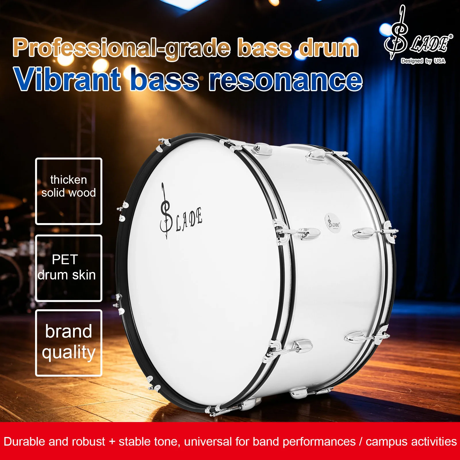 24x12 Inch Marching Bass Drum Silver Marching Band Drum Professional Percussion Instruments with Tuning Key Sticks Strap