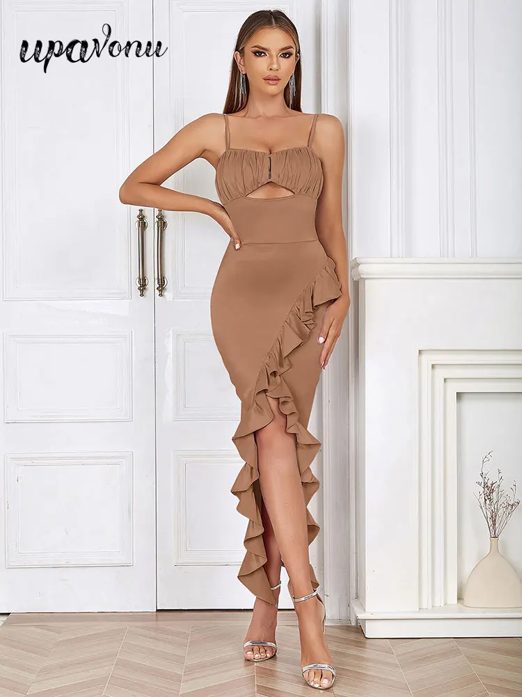 

Sexy Spaghetti Strap Sleeveless Satin Dress Women's Hollow out Design Ruffle Edge Bodycon Midi Dress Evening Club Party Vestidos