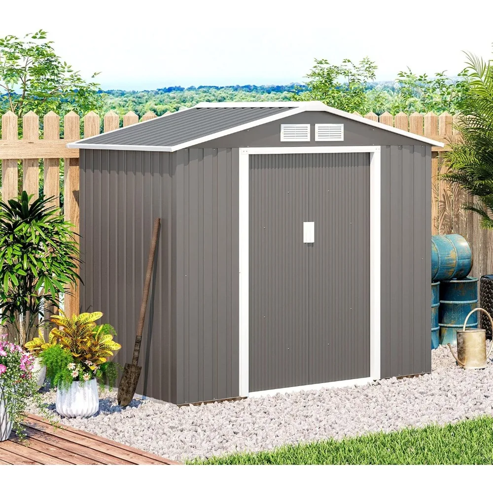 

Outdoor Storage Shed, Garden Tool Metal Shed with Foundation Kit, Double Lockable Door, Air Vents and Sloping Roof