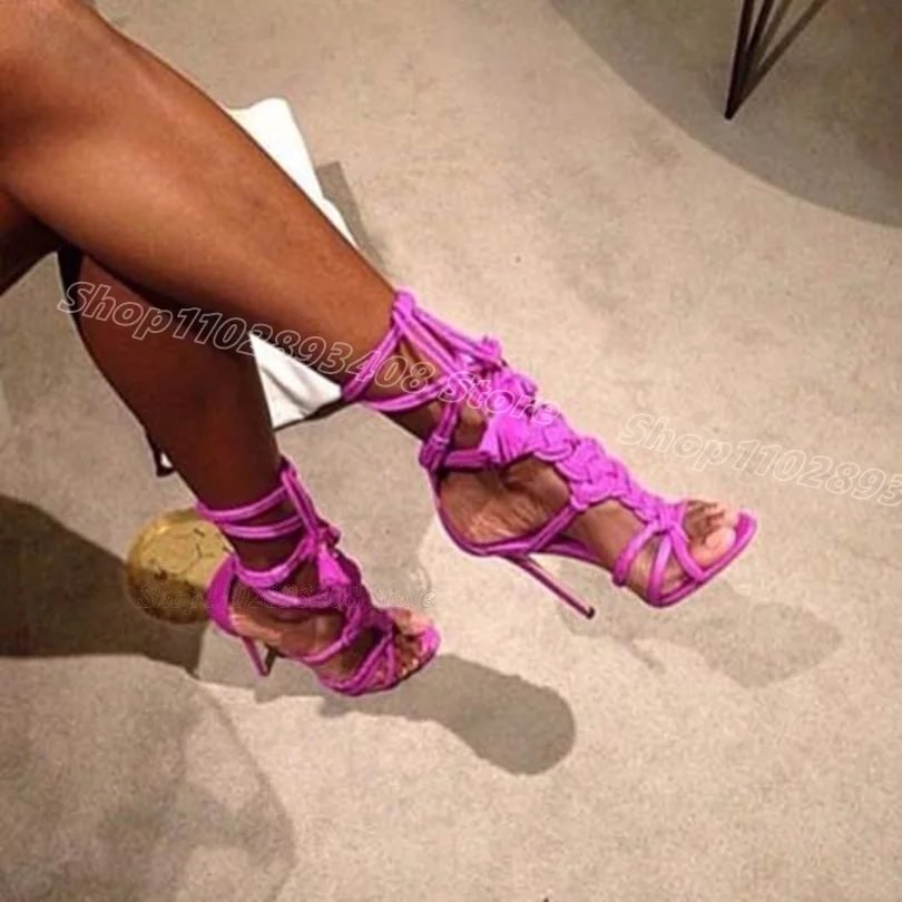 

Purple Knit Design Ankle Strap Sandals Stiletto Open Toe Cover Heels Roman Style Women Dress Party Shoes Zapatos Para Mujere