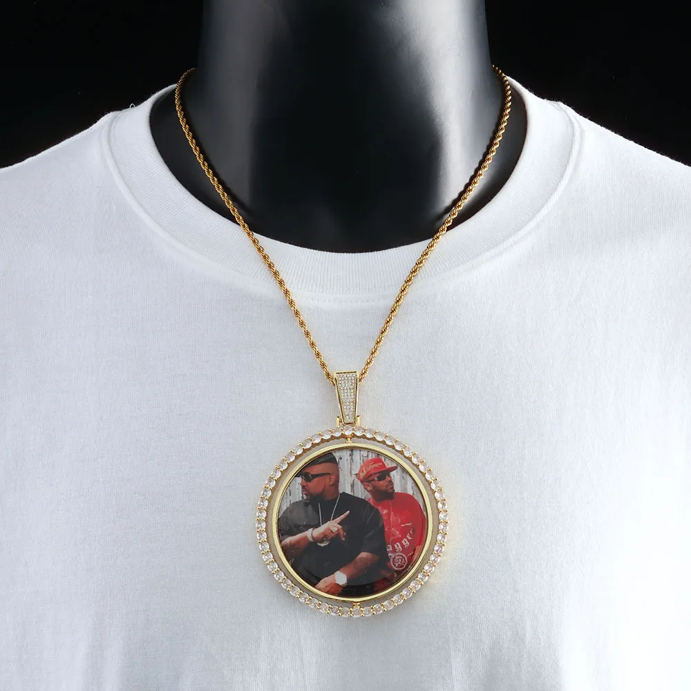 HHIOK Custom Double Side Circle Photo Necklace Chain Personalized Cubic Zirconia Big Picture Pendant Hip Hop Jewelry Gift Men - view 2