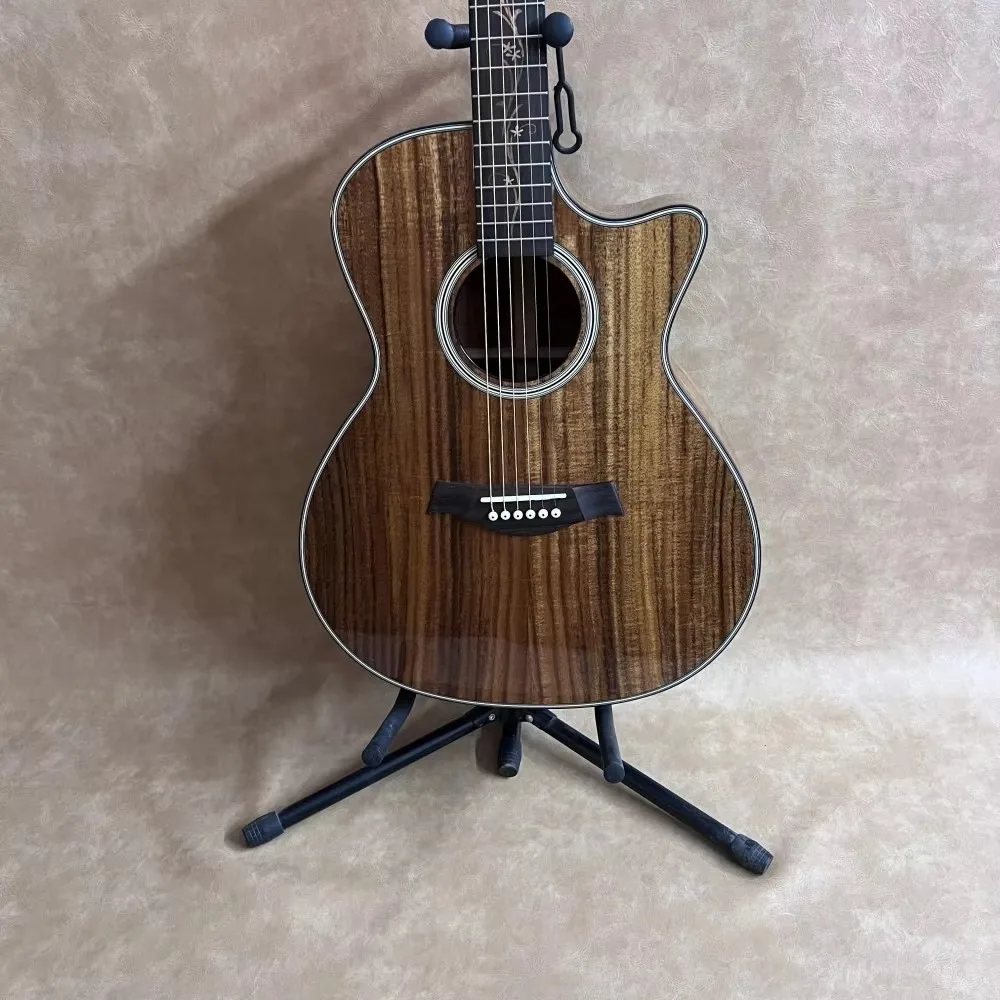 Natural Wood Grain 41-Inch 6-String K24 Folk Acoustic Guitar with Tiger-Striped Acacia Top and Artistic Inlays—Advanced Acoustic Guitar for Performance and Stage Use
