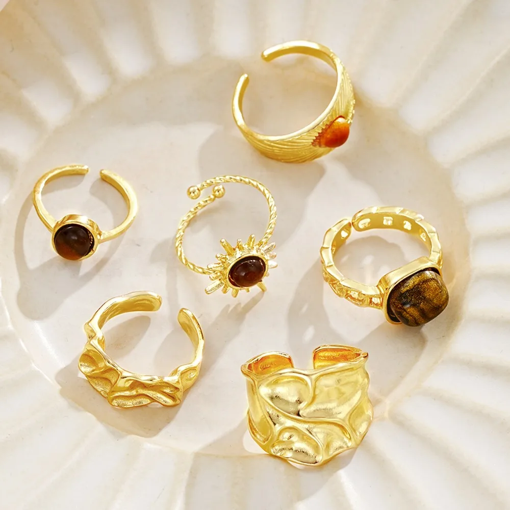 6 Pcs Set Vintage Tiger Eye Stone Ring Set for Women Fashion Gold Color Irregular Sun Flower Open Rings Boho 2026 Jewelry Gifts view 5