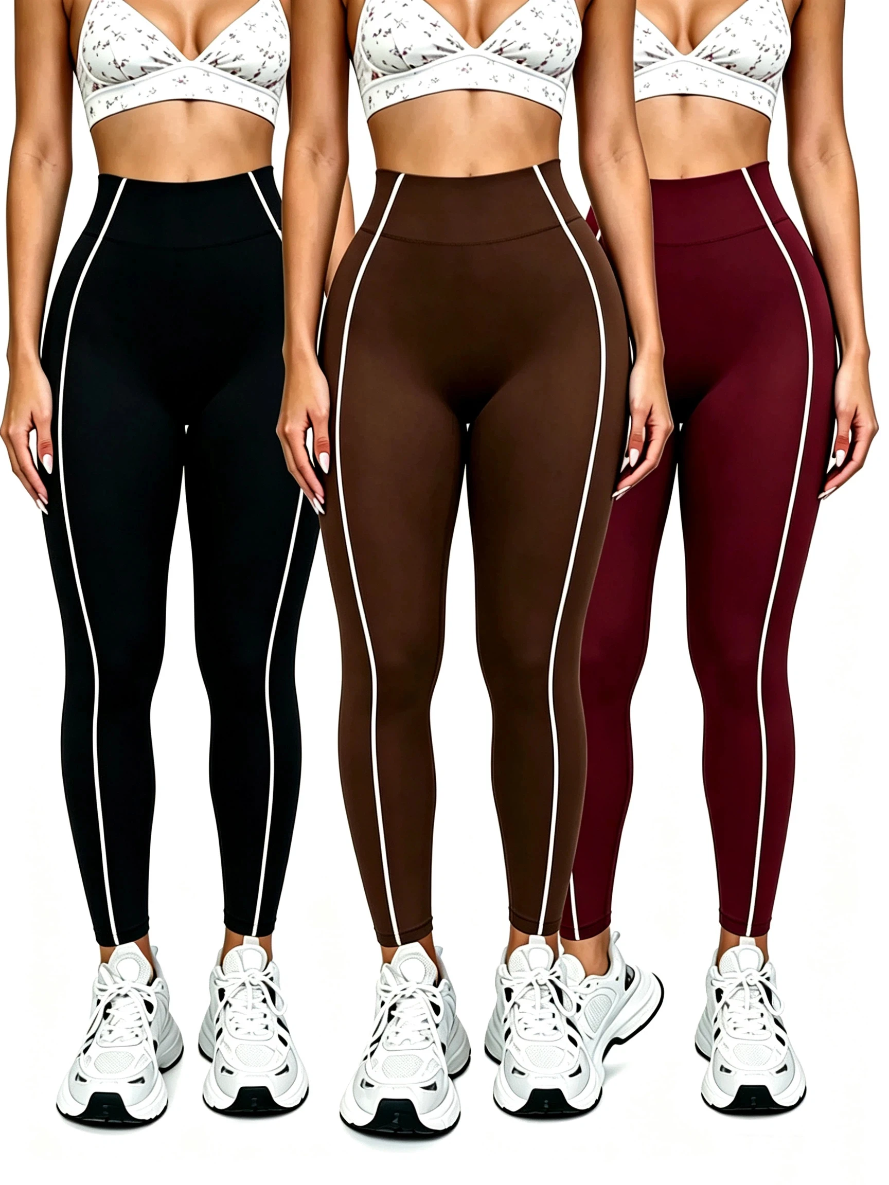 3PCs Women High Waist Yoga Leggings White Contrast Side Piping Tummy Control Butt Lifting Fitness Gym Workout Sport Leggings