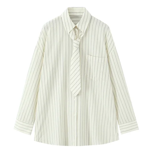 2025 otoño nueva mujer casual moda temperamento suelto versátil rayas corbata solapa camisa de manga larga top
