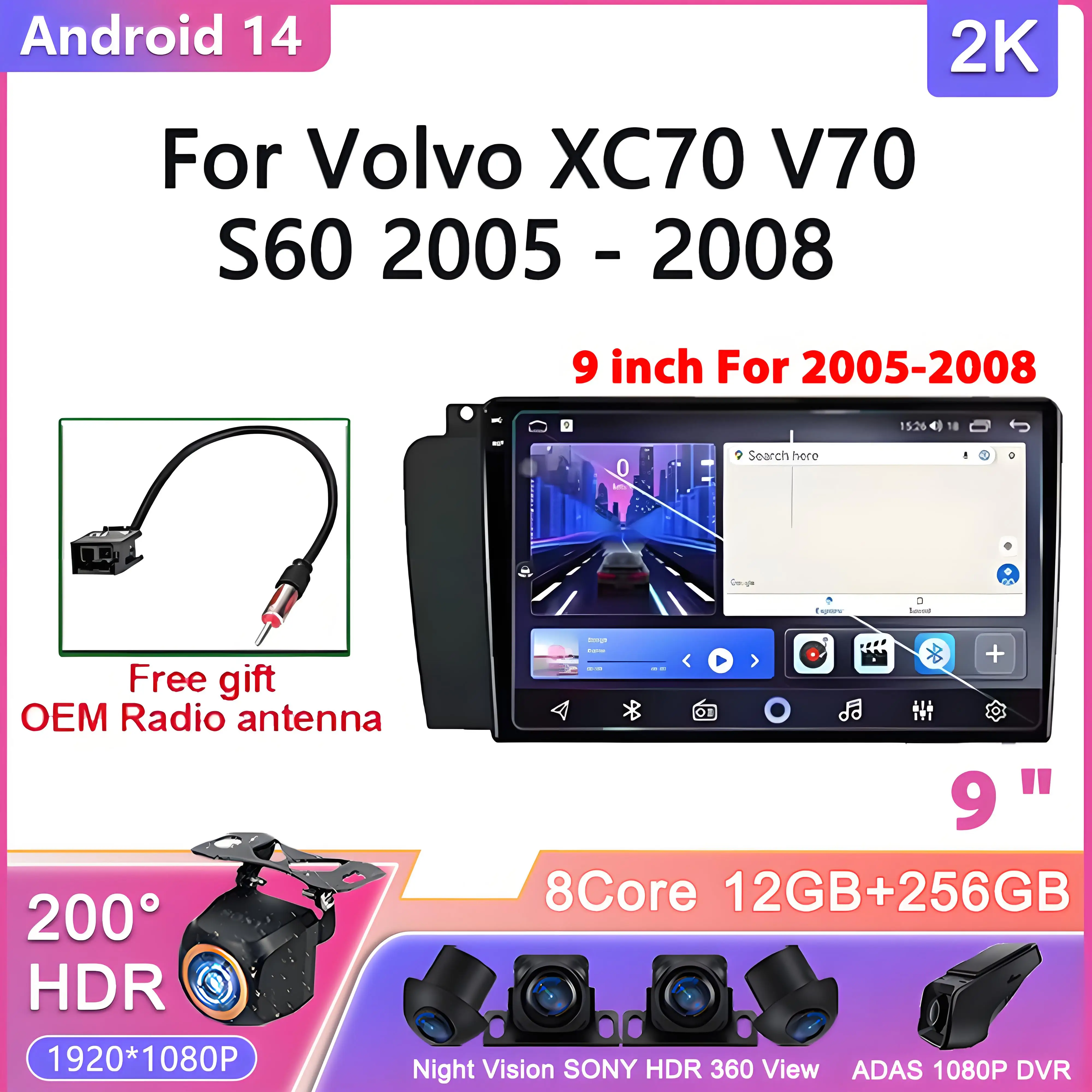 

Android 14 For Volvo XC70 V70 S60 2005 - 2008 Car Radio Stereo Audio GPS Player Carplay Auto Screen Stereo Radio Multimedia GPS