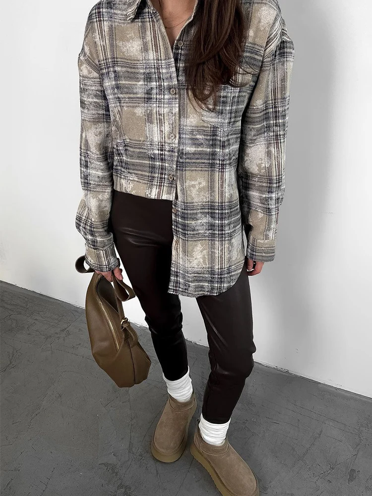 Mumaroho 2023 Autumn Winter Women Oversized Plaid Shirt Thick Vintage Long Sleeve Loose Fit Blouse For Woman Female