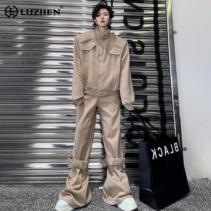 

LUZHEN Splicing Pockets Design Jackets Two-piece Sets Original Solid Color Trendy American Streetwear Men Straight Pants LZ6231