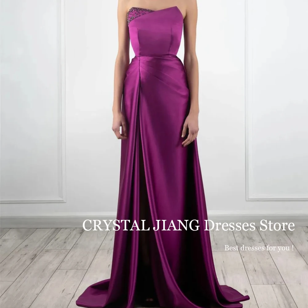 

Vintage Long Purple Strapless Satin Beaded Evening Dresses A Line Pleated Floor Length Vestidos De Fiesta Largos