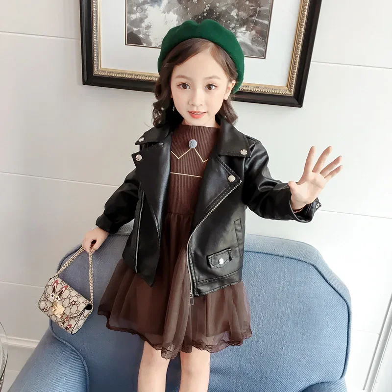 

2023 Spring Fashion Jacket Autumn Girls Street Style Toddler Long-sleeved Clothing Child Black Leather Jacket Baby Girl Coats