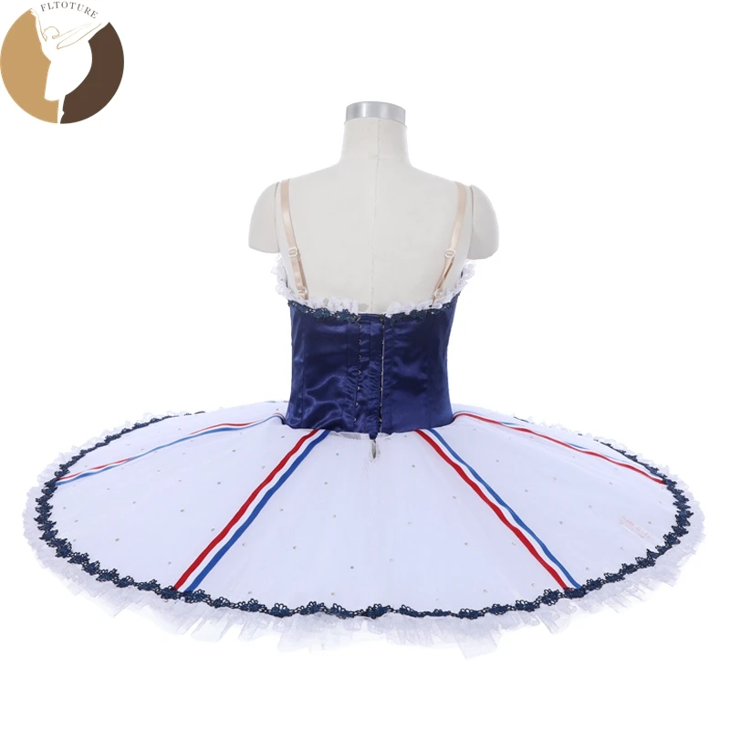 FLTOTURE  Adult Kids 12 Layers White Blue Pancake Tutu Skirt Ballerina Ballet Competition The Flames of Paris Stage Costumes