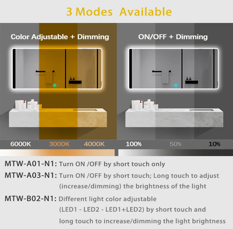 Badezimmer-Waschtischspiegel mit LED-Touch-Dimmsensor, DC 12V, Intelligenter Spiegel mit COB-LED-Licht, Dimmbares Touch-Set – Detail 5