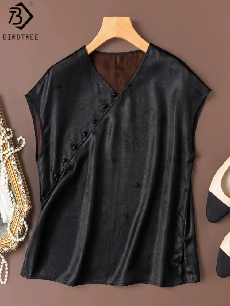 Birdtree, 21MM 100% Silk Xiangyunsha Tshirt Pants, Women V-neck Short Sleeve Shirt, Wide Leg Trousers, 2026 Summer New T65015JF
