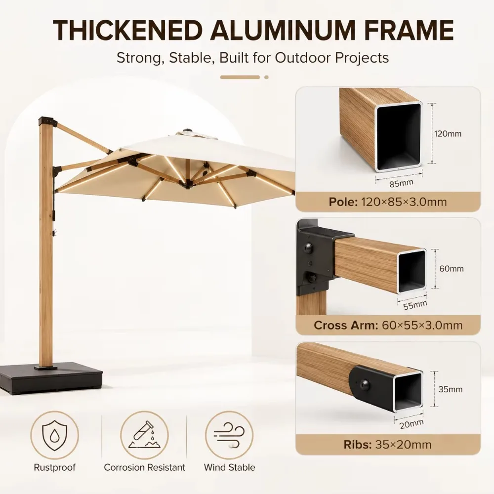 3x3m Foldable Waterproof Cantilever Patio Umbrella FLD7001 LED Lights Aluminum Sunshade for Outdoor Furniture Hotel Resort