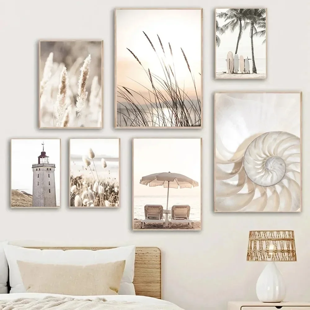 Nordic Aesthetic Canvas Painting Poster Wall Art Seaside Surfboard Shell Reed Beige Landscape Poster Living Room Home Decoration