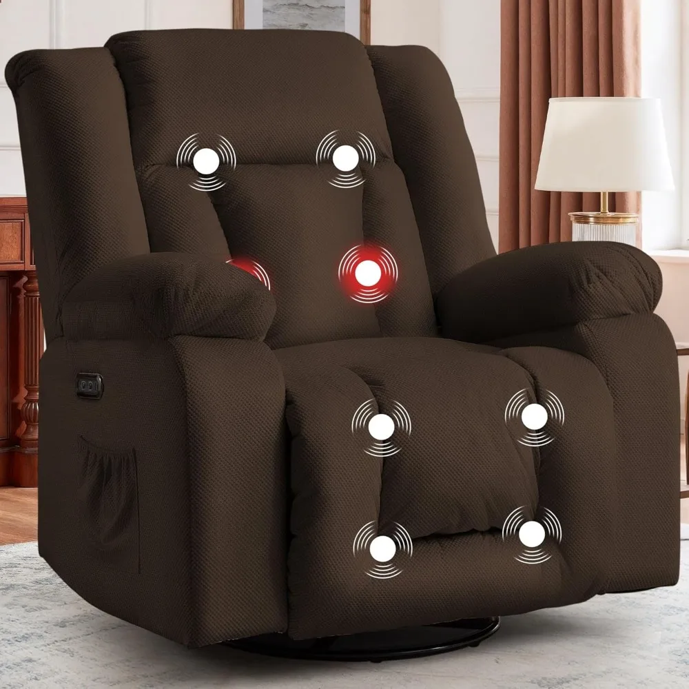 

Oversized Power Recliner Chair, Swivel Rocking Chair for Adults, Electric Glider Reclining with Massage and Heating, Waffle Fabr