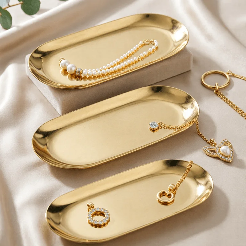 3 pieces of oval metal jewelry trays - multi-functional stainless steel cosmetic storage box, bathroom accessory storage box