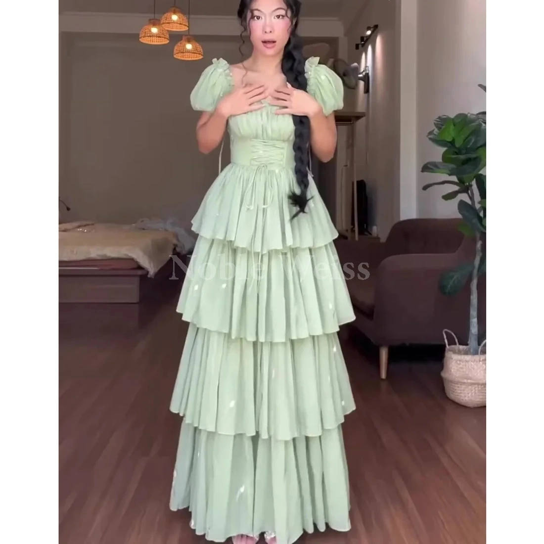 

Square Neck Chiffon Prom Dresses A LINE Long Evening Gowns with Short Sleeves Customize