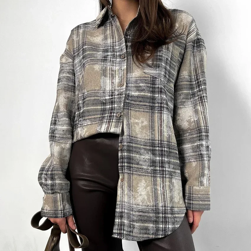 Women's Collar Long Sleeved Loose Cotton Plaid Shirt 2024 Autumn/winter New Item