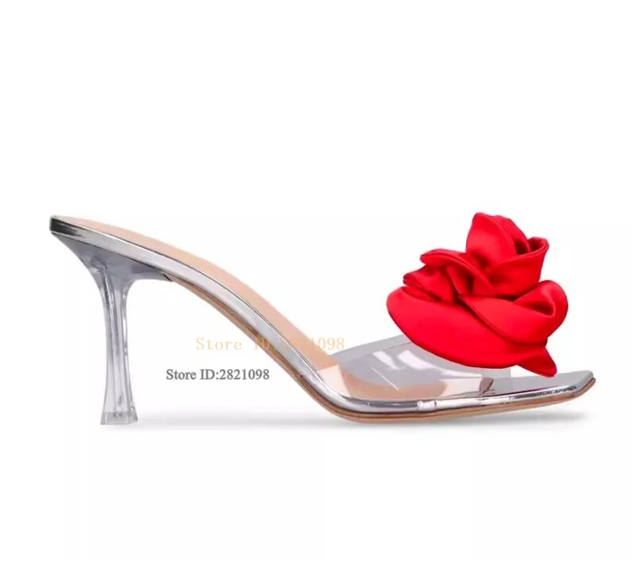 Nice Flowers Slip On Mules Transparent Pvc Glass Heeled Pointed Toe Pumps Stiletto Heels Wedding Party Women High Heel Shoes