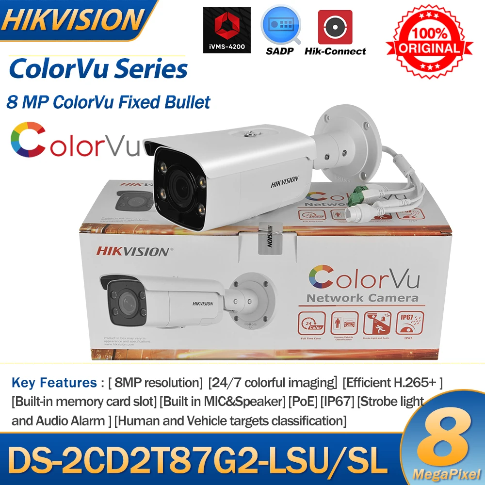 Hikvision 8MP Bullet IP Camera DS-2CD2T87G2-LSU/SL 4K POE ColorVu Strobe Light and Audible Warning Built-in MIC Speaker IP67