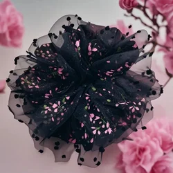 Vintage Polka Dot Black Flower Scrunchie HairTie Chic Headband Ponytail Holder Double Layered Rose Hair Accessory Headpiece