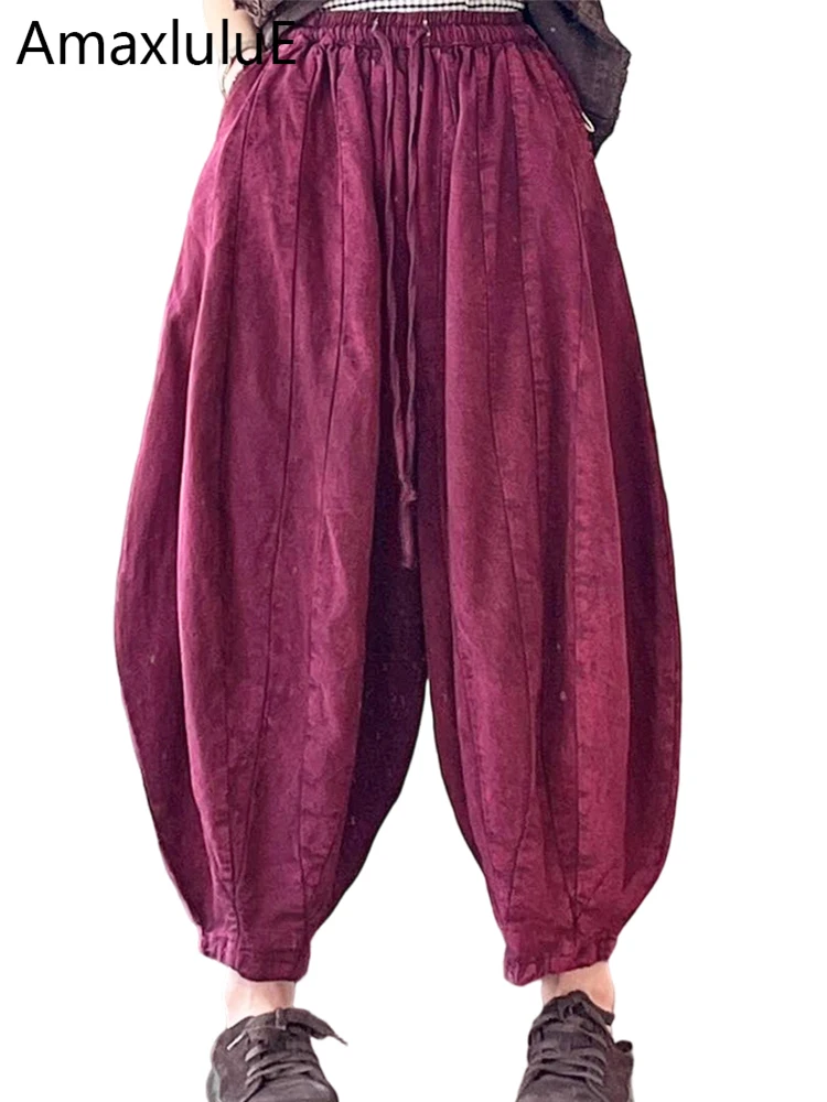 

Amax LuluE 2026 Korean Spring Women Fashion Loose Casual Harem Pants Females Classic Vintage Cotton Linen Elastic Waist Trousers