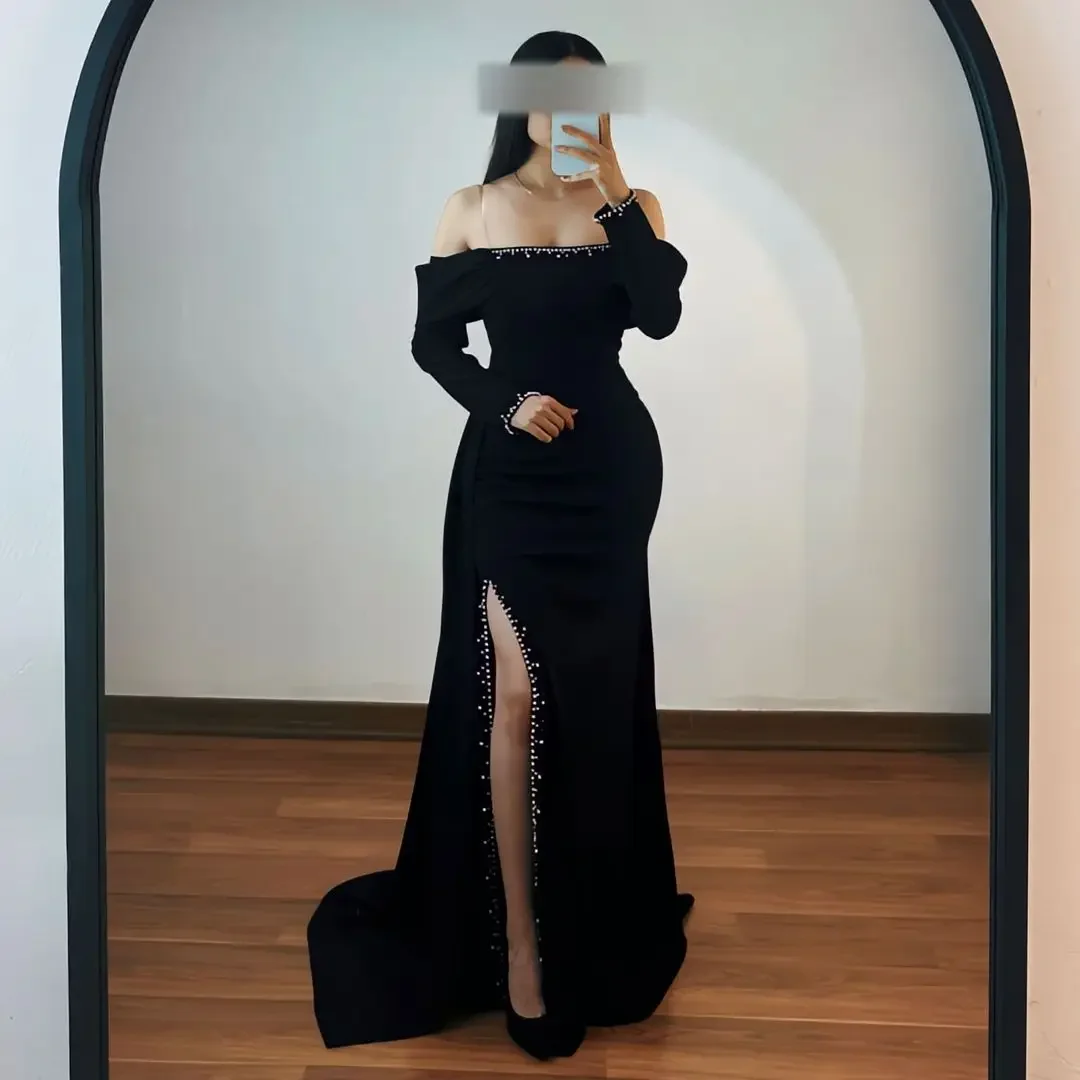 customizedMermaid Long Sleeves Prom Dresses Off The Shoulder Pleated Beadings Floor Length Party Dresses Evening Dresses