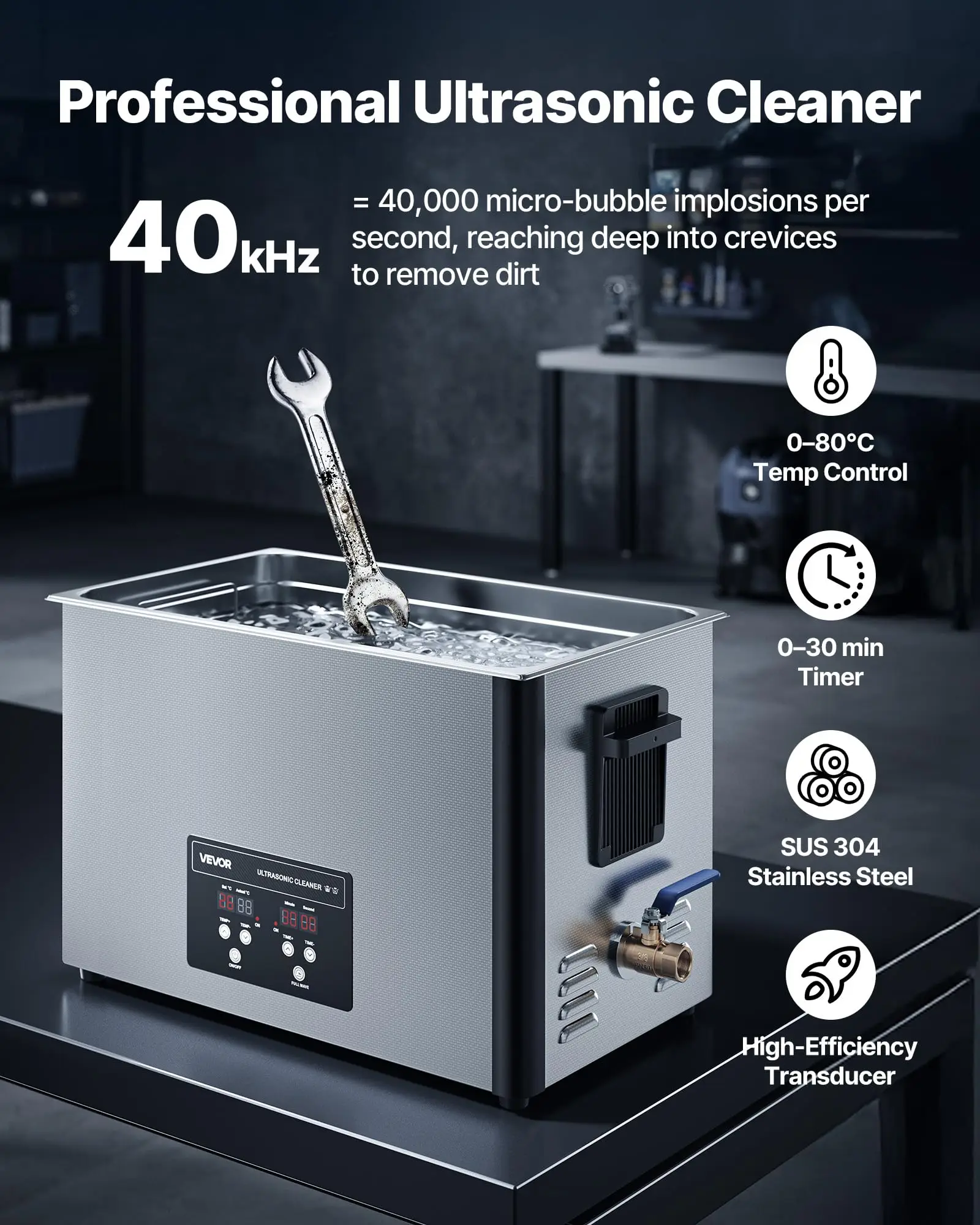 VEVOR 30L Ultrasonic Cleaner, Professional Ultrasonic Cleaner Machine with Cleaning Basket & Digital Display, 480W