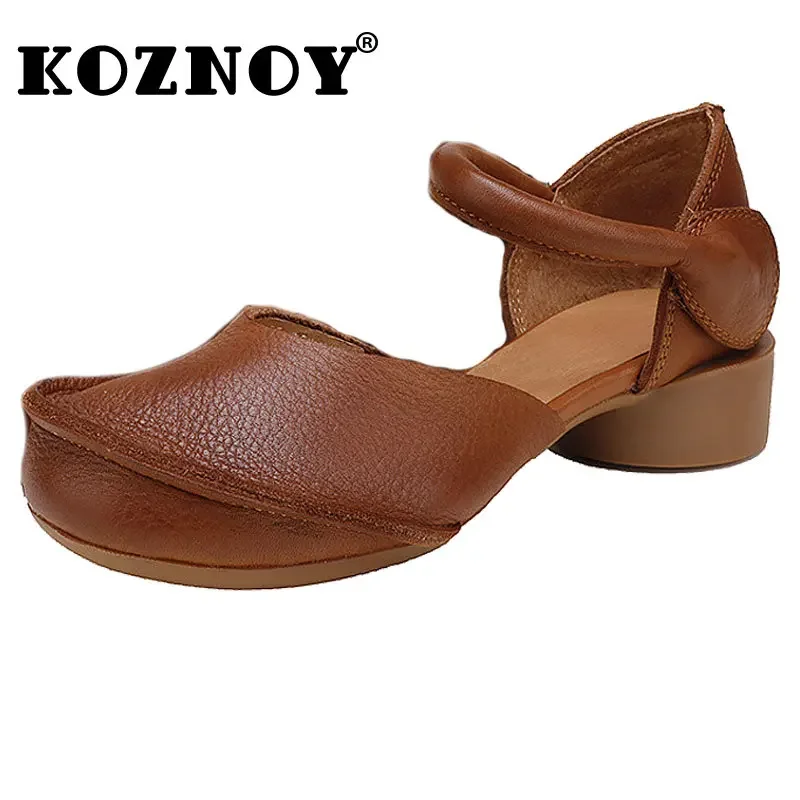 Koznoy 3.5ซม.ของแท้หนังฤดูร้อน Comfy ผู้หญิงนุ่ม Soled รองเท้า Hook Breathable รองเท้าแตะยาง Vintage รองเท้าหนังนิ่ม