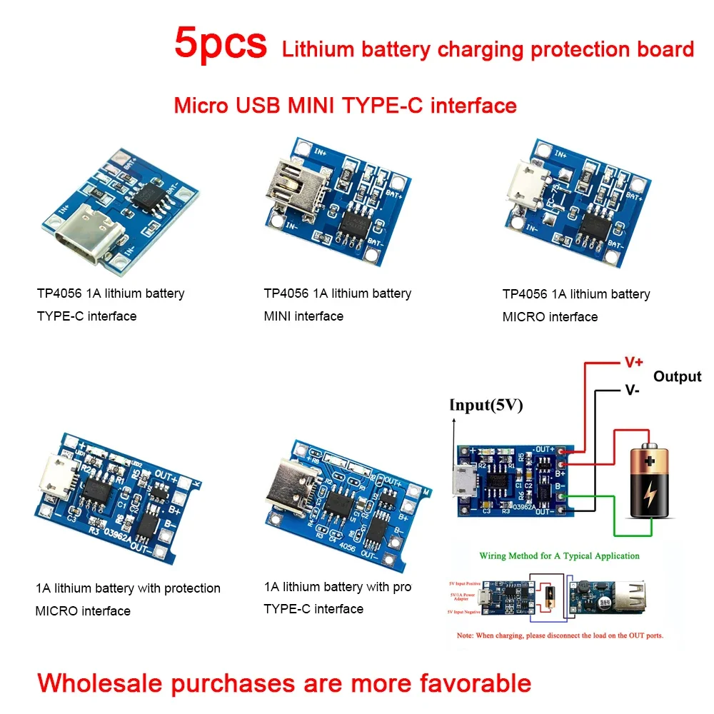 5PCS 18650 TP4056 5V 1A Micro/Type-c/Mini USB Lithium Battery Charger Module Charging Board With Protection Dual Function Li-ion