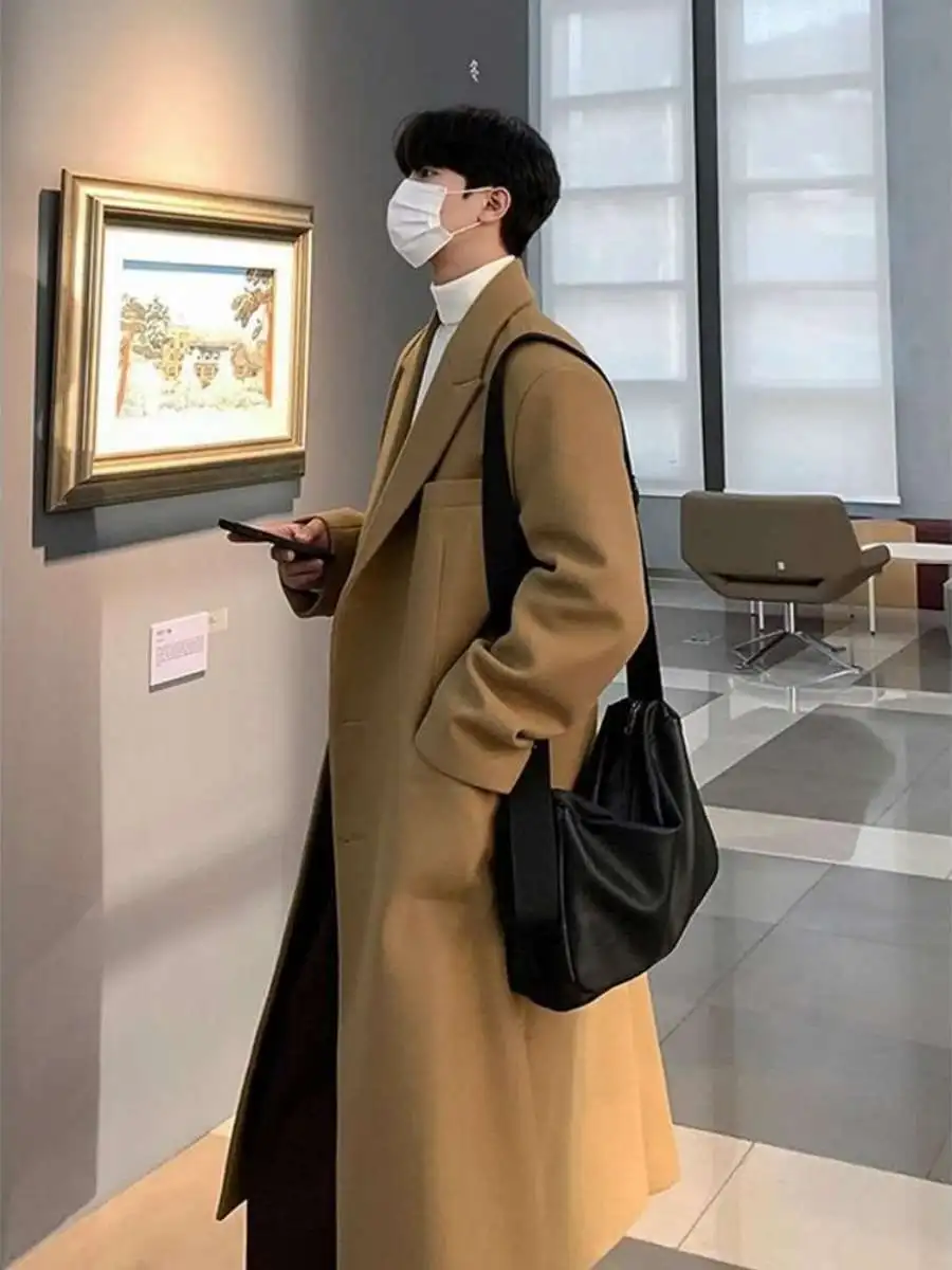 

Мужское утепленное шерстяное пальто-ветровка в корейском стиле, длинное, ниже колена, из искусственной овчины, молодежное, из материала PU