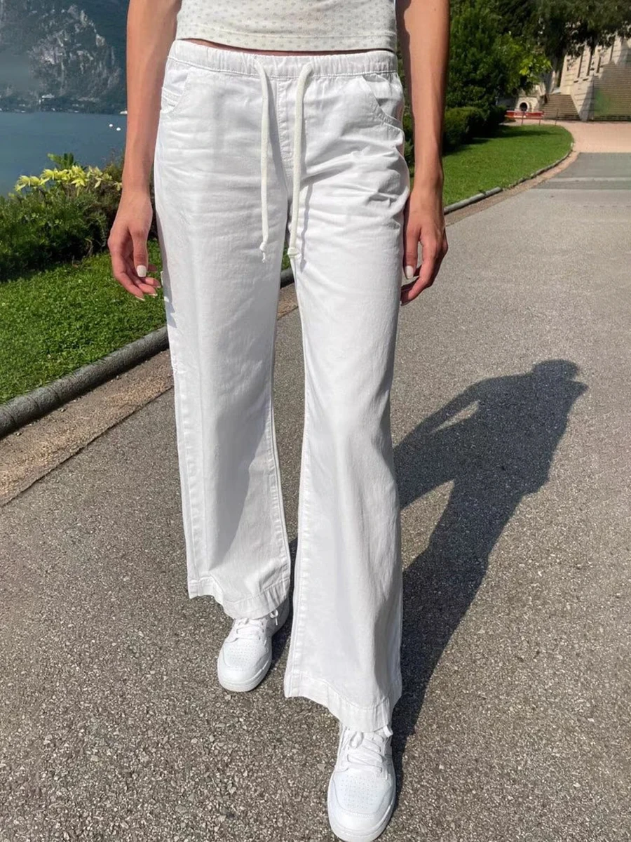 

White Drawstring Straight Pant Women Summer Low Waist Pockets Loose Wide Leg Trouser Preppy Style Simple Casual Long Sweatpants