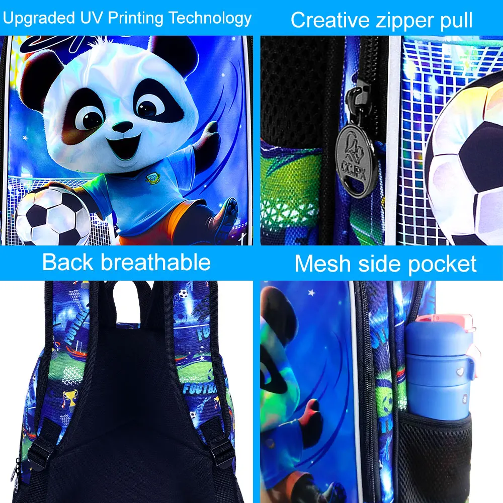 Kid's backpack 16 Inch 3PCS, UV Soccer‑Panda Print Large‑Capacity School Set, One Backpack, One Handbag, One Pencil Case
