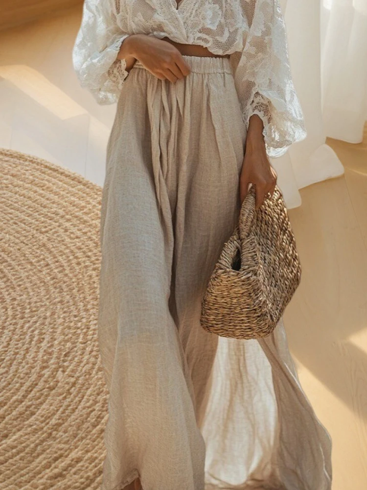 Conjunto de vacaciones holgado de lino y algodón para mujer, blusa bordada Sexy con cuello en V y falda, traje informal de manga larga liso de 2 piezas