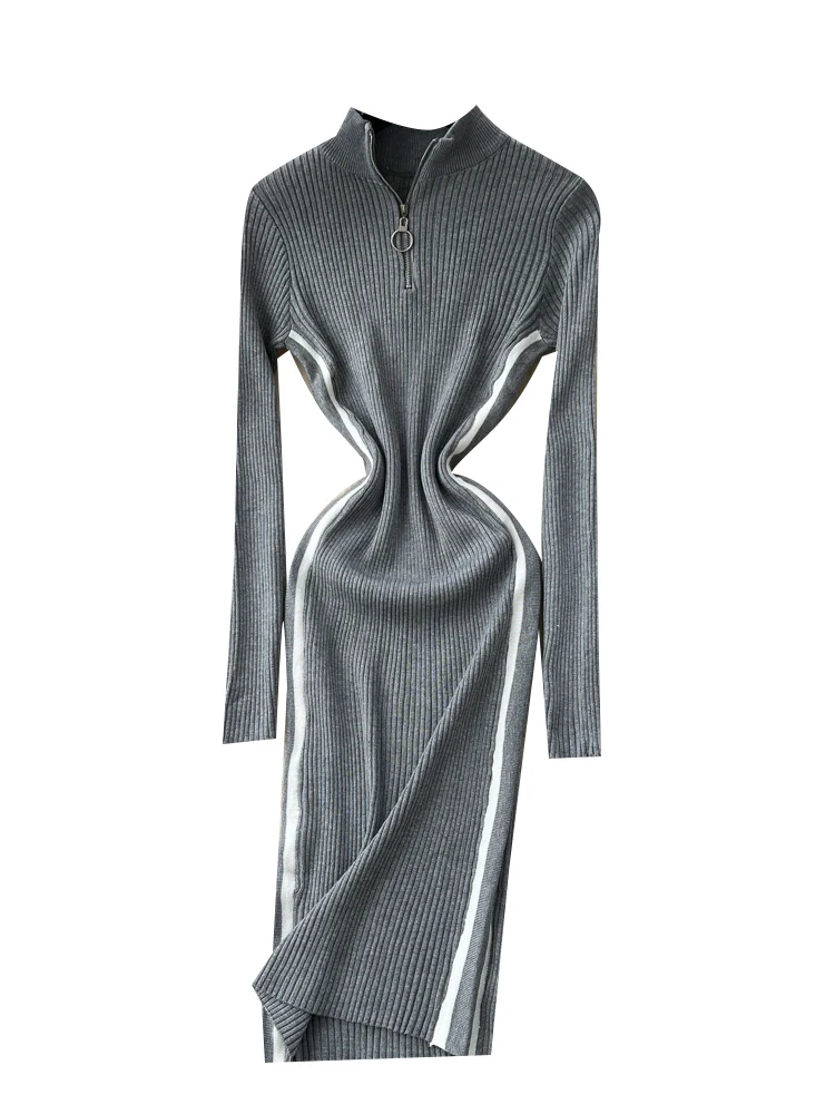 Sweter damski z dzianiny w stylu retro, z kołnierzem stójką, zapinany na zamek, długi rękaw, blok kolorów, w paski, z podkreśleniem talii.