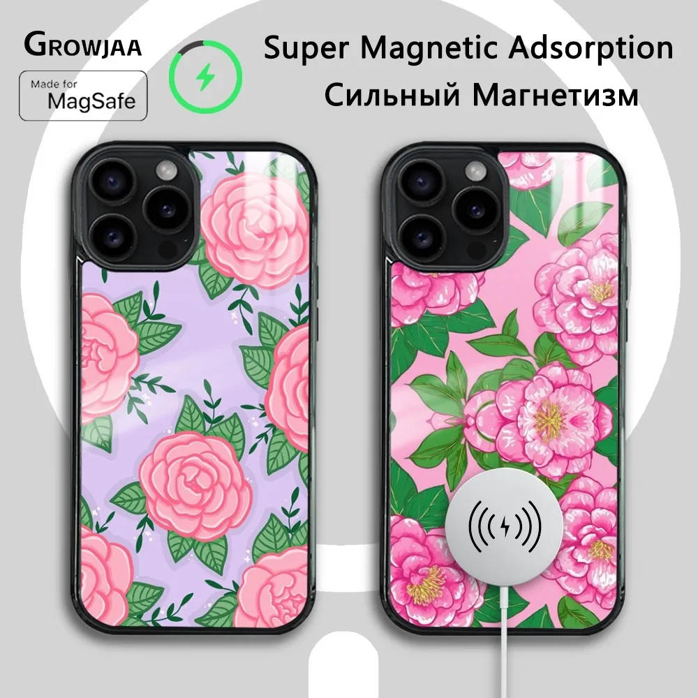 Pink Flower Hibiscus Rose Phone Case For iPhone 16 15 14 13 12 11 Pro Max Plus Mini Magsafe Mirror Wireless Magnetic Cover