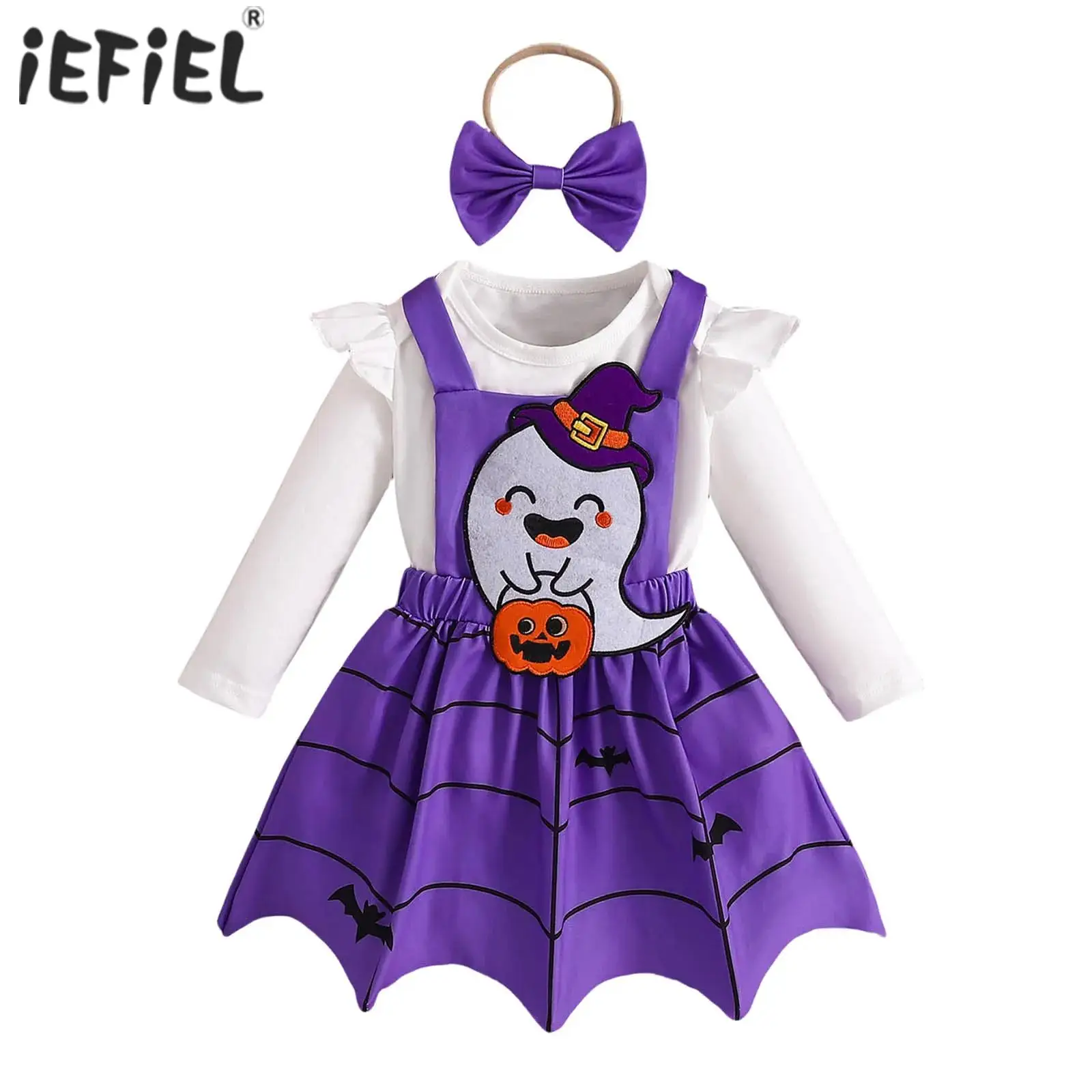 

Ghost Pumpkin Costume 3Pcs Infant Baby Girl Halloween Outfit Spider Web Print Toddler Romper with Suspender Dress Cosplay Set